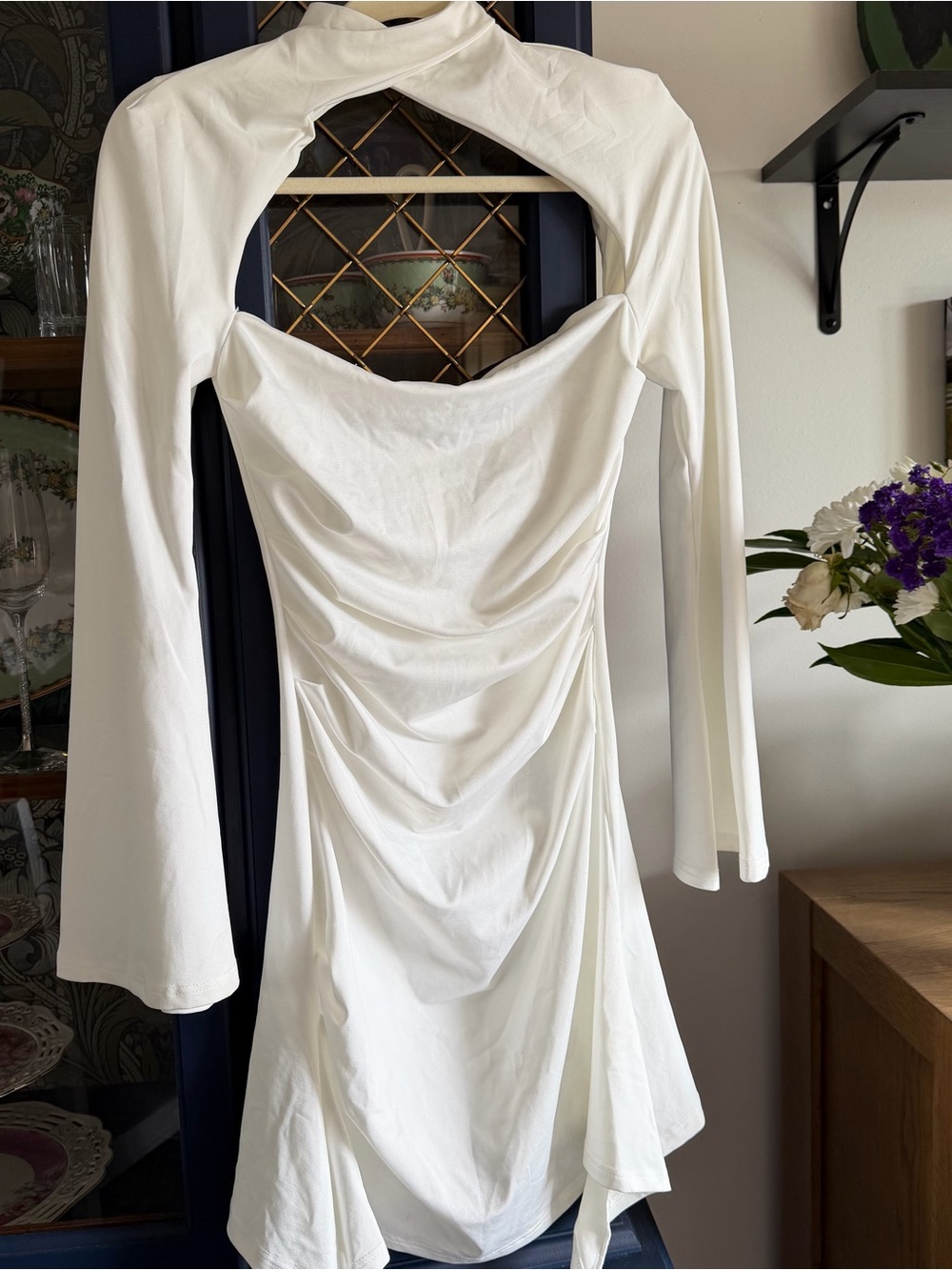 White Long-Sleeve Ruched Cutout Dress